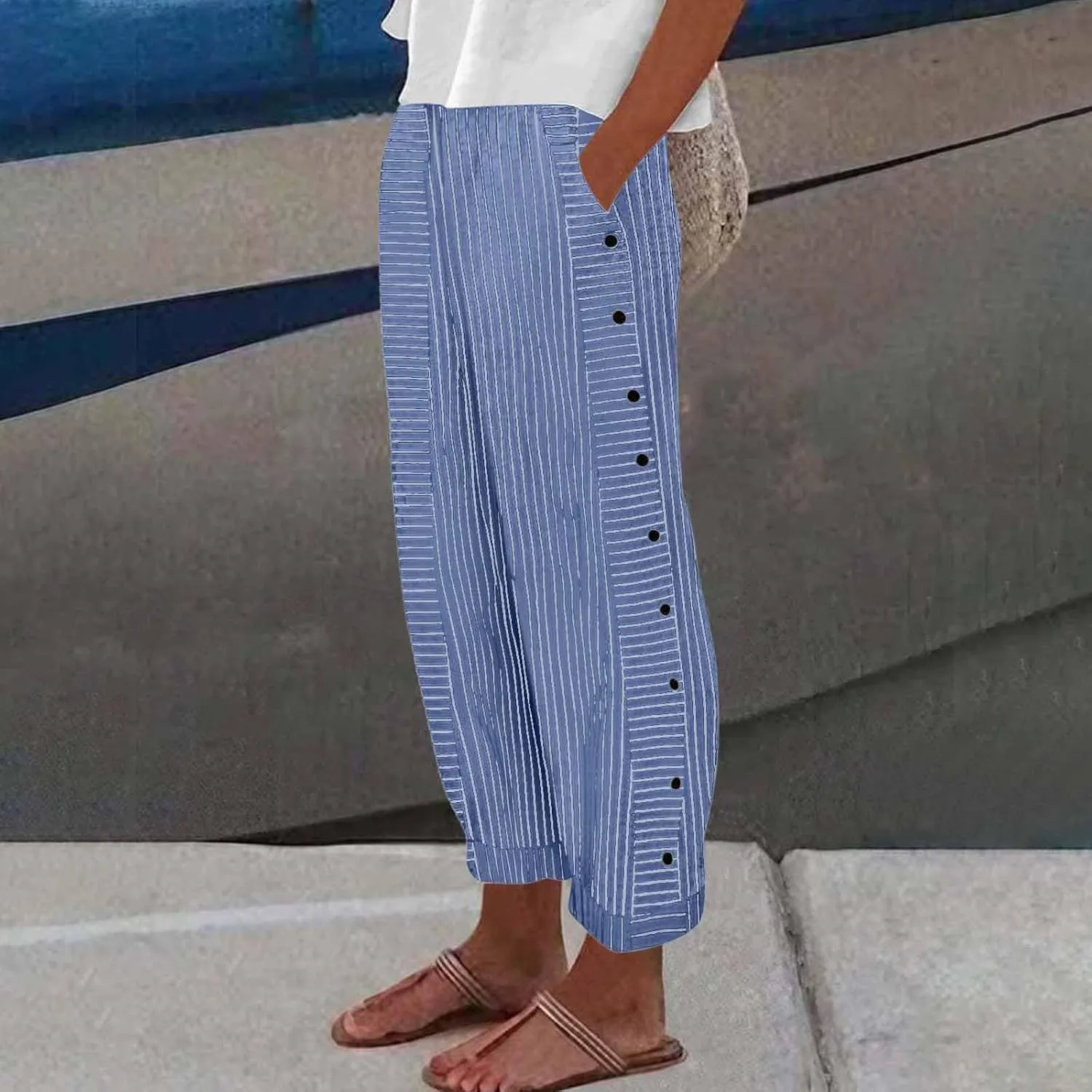 Womens Pants, Straight Leg Peasant Pants 2025 Casual Linen Stripe Wide Cotton