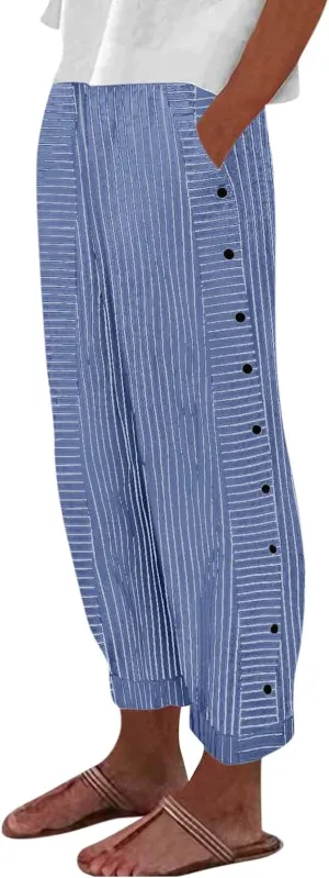 Womens Pants, Straight Leg Peasant Pants 2025 Casual Linen Stripe Wide Cotton