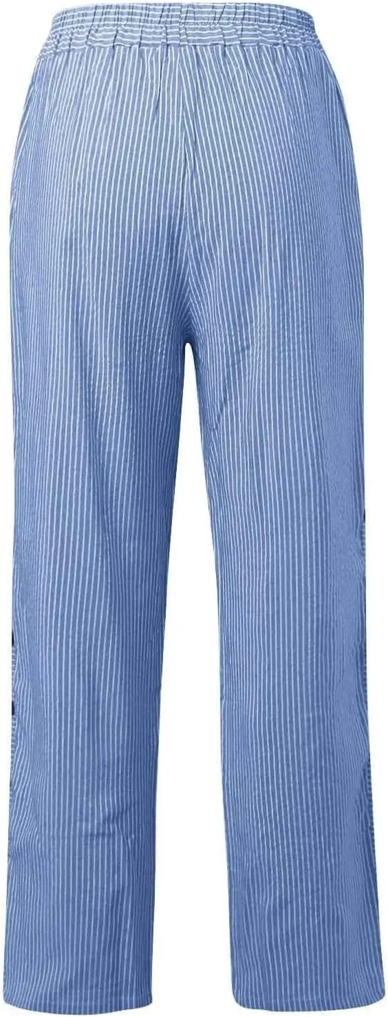 Womens Pants, Straight Leg Peasant Pants 2025 Casual Linen Stripe Wide Cotton