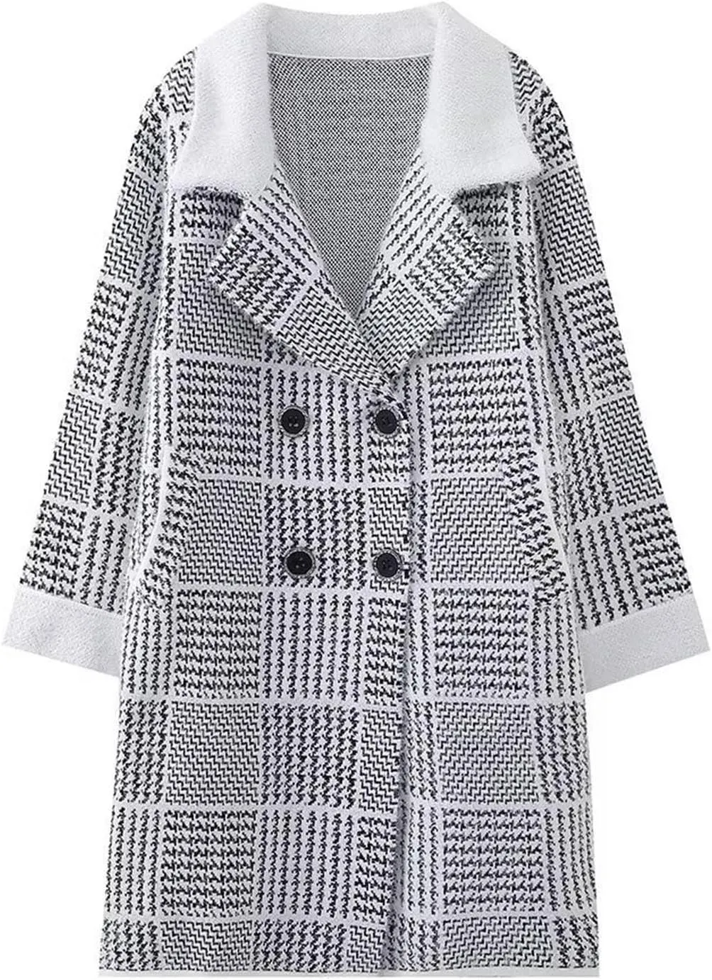 Women's Plaid Knit Coatigan Coats Long Sleeve Casual Lapel Trench Coat Double Breasted Overcoat Outerwear with Pockets