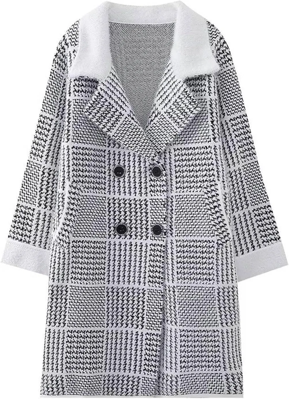 Women's Plaid Knit Coatigan Coats Long Sleeve Casual Lapel Trench Coat Double Breasted Overcoat Outerwear with Pockets