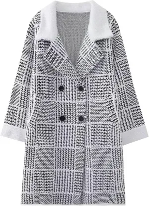Women's Plaid Knit Coatigan Coats Long Sleeve Casual Lapel Trench Coat Double Breasted Overcoat Outerwear with Pockets