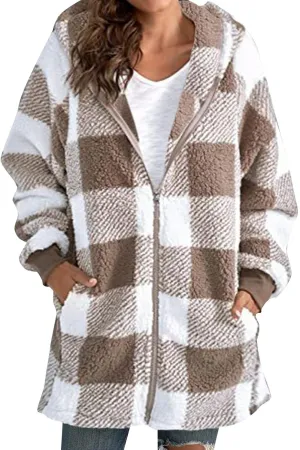 Women's Plaid Lined Hooded Jacket With Pocket Zip Up Oversized Fuzzy Coat Checkered Flannel Hoodie Thick Plush Outerwear