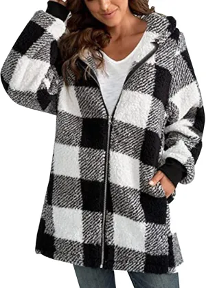 Women's Plaid Lined Hooded Jacket With Pocket Zip Up Oversized Fuzzy Coat Checkered Flannel Hoodie Thick Plush Outerwear