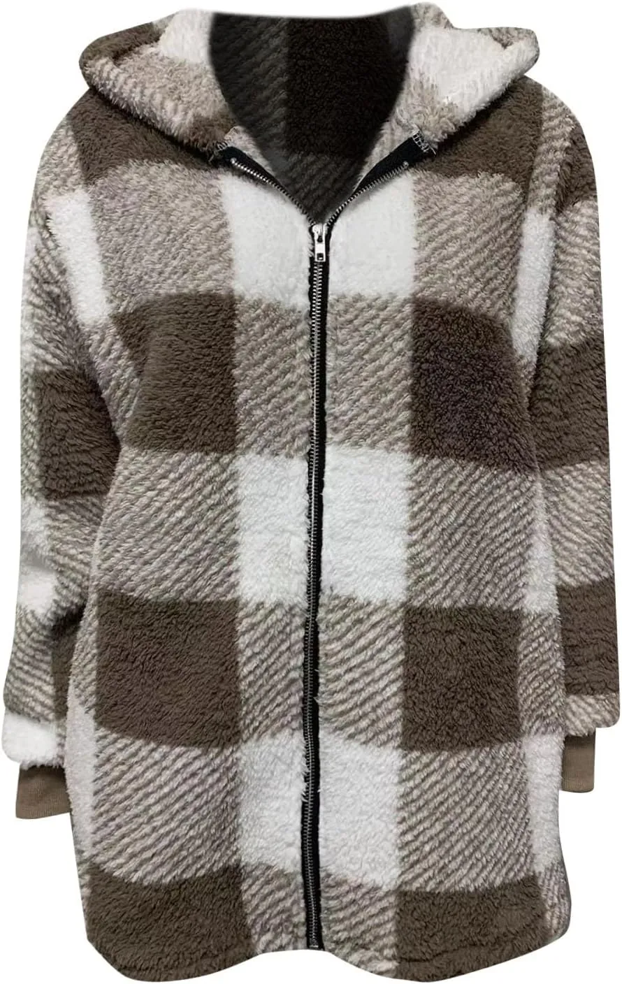 Women's Plaid Lined Hooded Jacket With Pocket Zip Up Oversized Fuzzy Coat Checkered Flannel Hoodie Thick Plush Outerwear