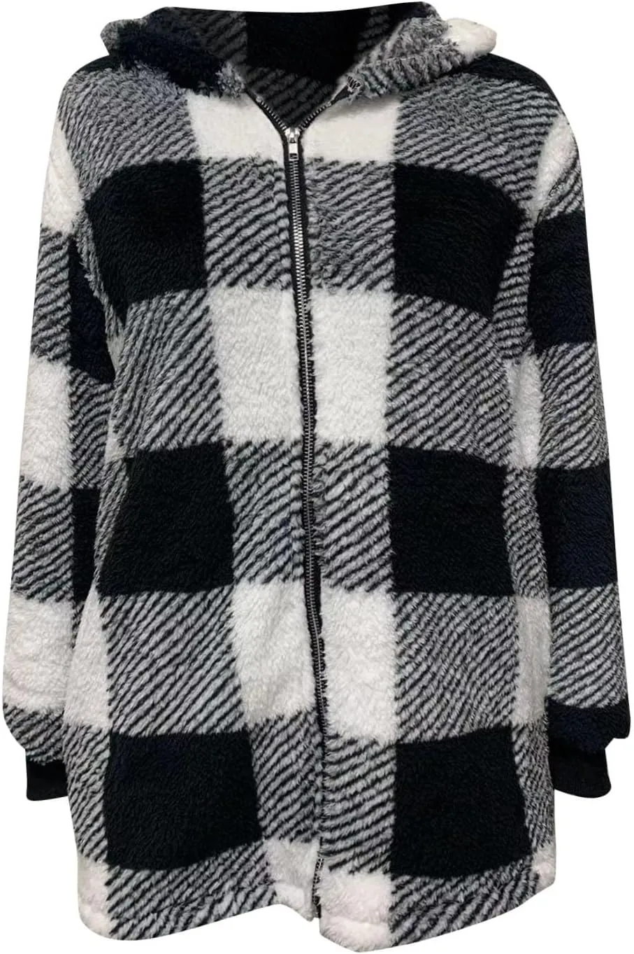 Women's Plaid Lined Hooded Jacket With Pocket Zip Up Oversized Fuzzy Coat Checkered Flannel Hoodie Thick Plush Outerwear