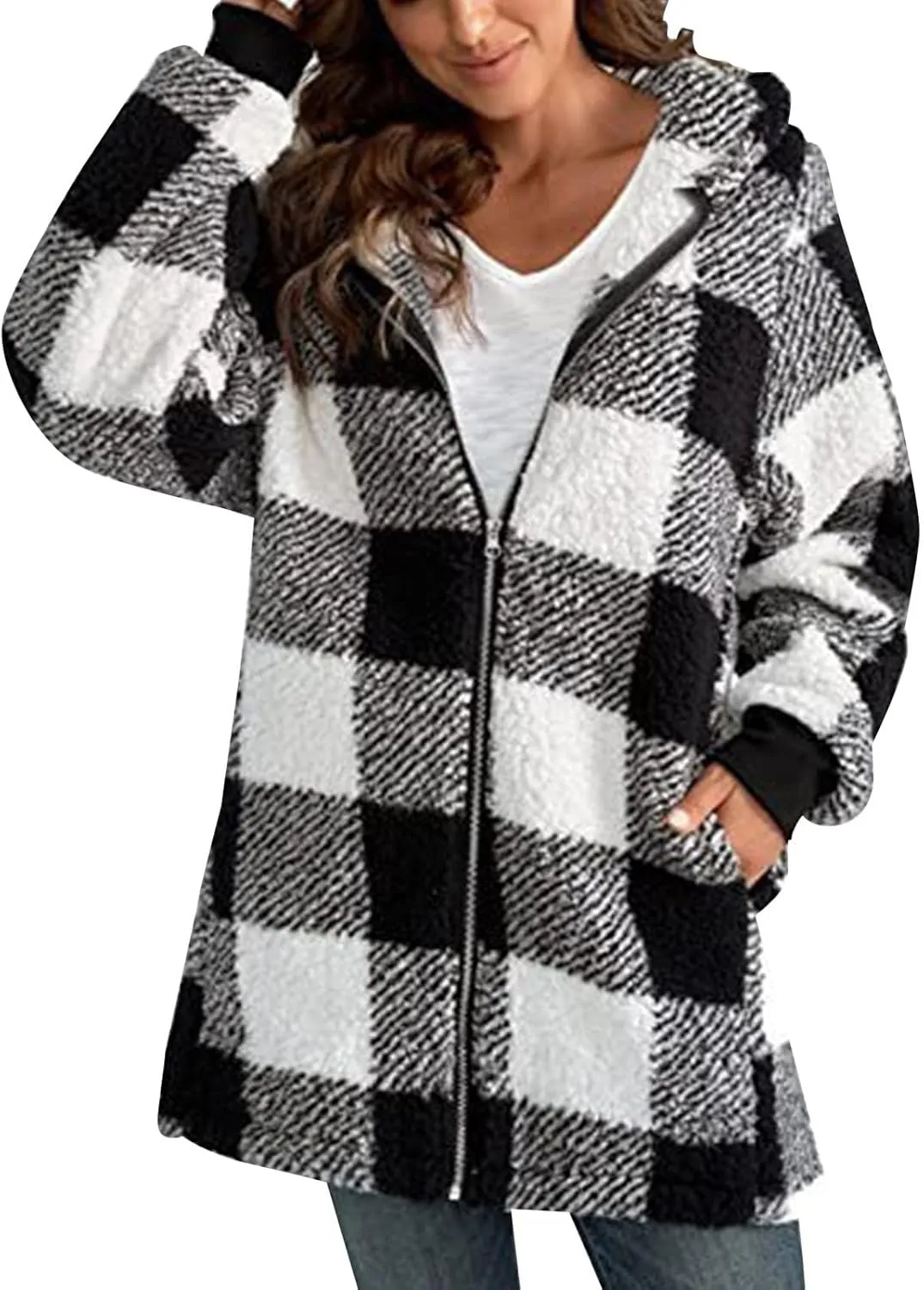 Women's Plaid Lined Hooded Jacket With Pocket Zip Up Oversized Fuzzy Coat Checkered Flannel Hoodie Thick Plush Outerwear