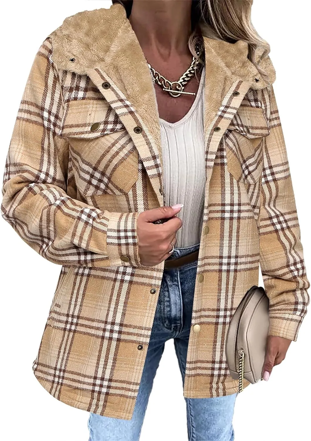 Womens Plaid Shacket Jacket Long Sleeve Button Down Fleece Hooded Jacket Warm Coat Casual Sherpa Fleece Lined Jacket