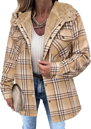 Womens Plaid Shacket Jacket Long Sleeve Button Down Fleece Hooded Jacket Warm Coat Casual Sherpa Fleece Lined Jacket