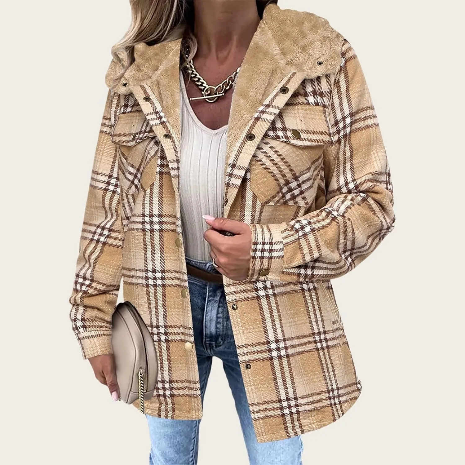 Womens Plaid Shacket Jacket Long Sleeve Button Down Fleece Hooded Jacket Warm Coat Casual Sherpa Fleece Lined Jacket