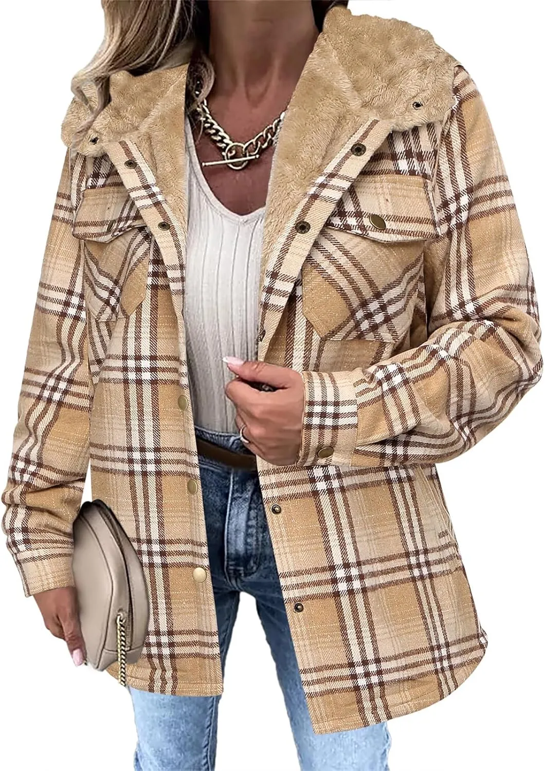 Womens Plaid Shacket Jacket Long Sleeve Button Down Fleece Hooded Jacket Warm Coat Casual Sherpa Fleece Lined Jacket