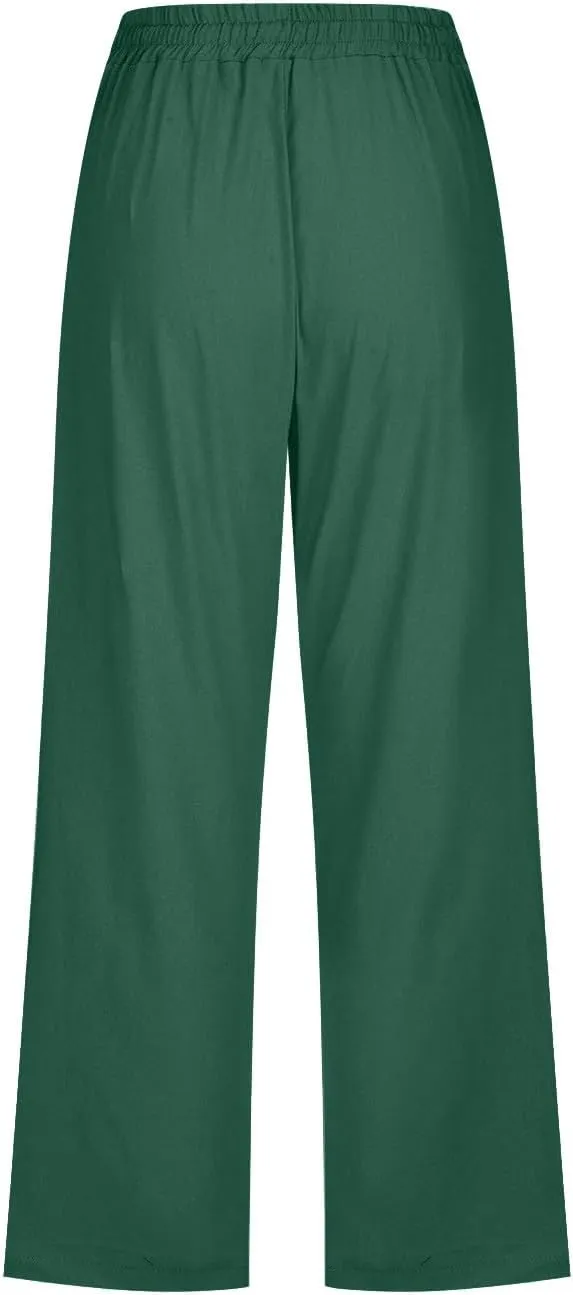 Womens Plus Size Capris Pants Cotton Linen Casual Summer Drawstring Elastic Waist Wide Leg Loose Cropped Solid Trouser