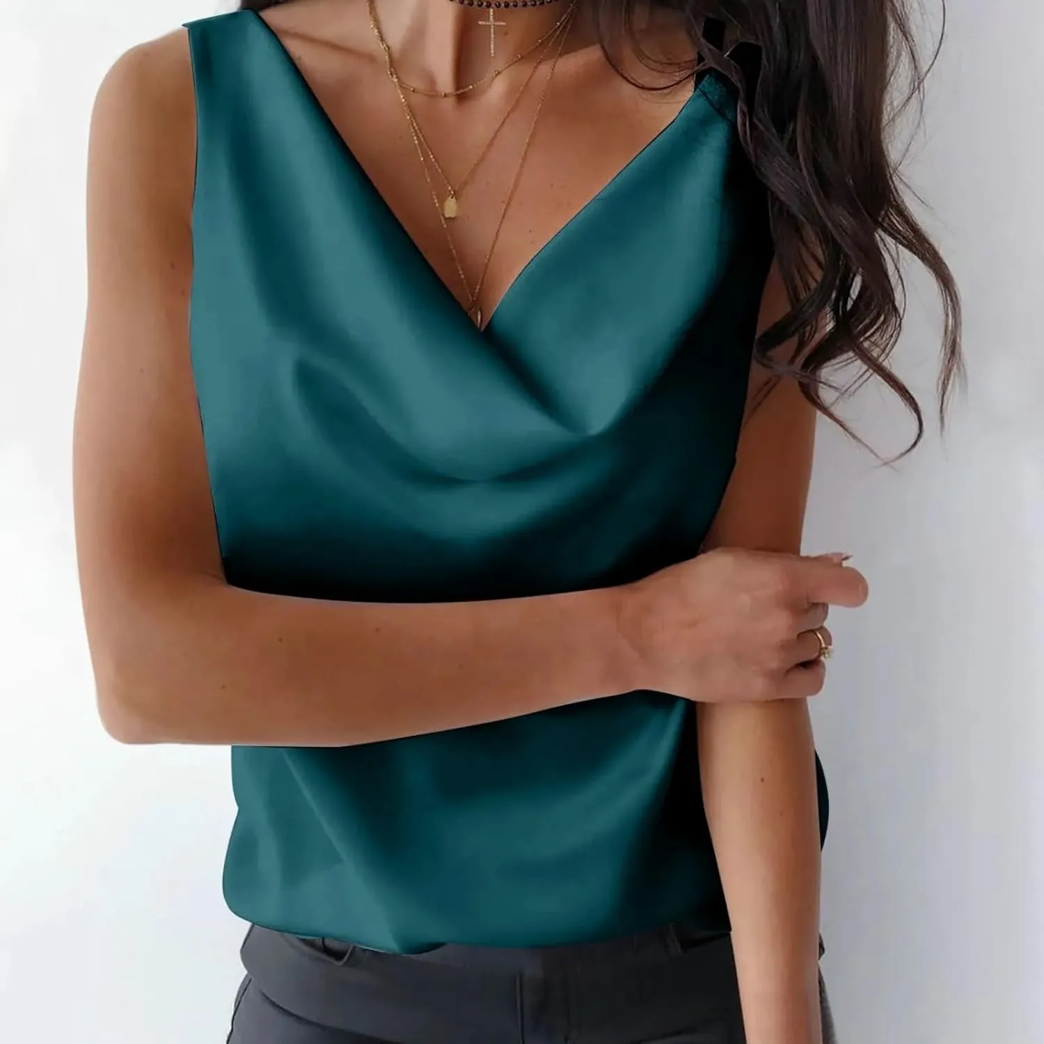 Women's Plus Size Silk Satin T-Shirt Vest Casual Sleeveless Round Neck Camisole Shirt