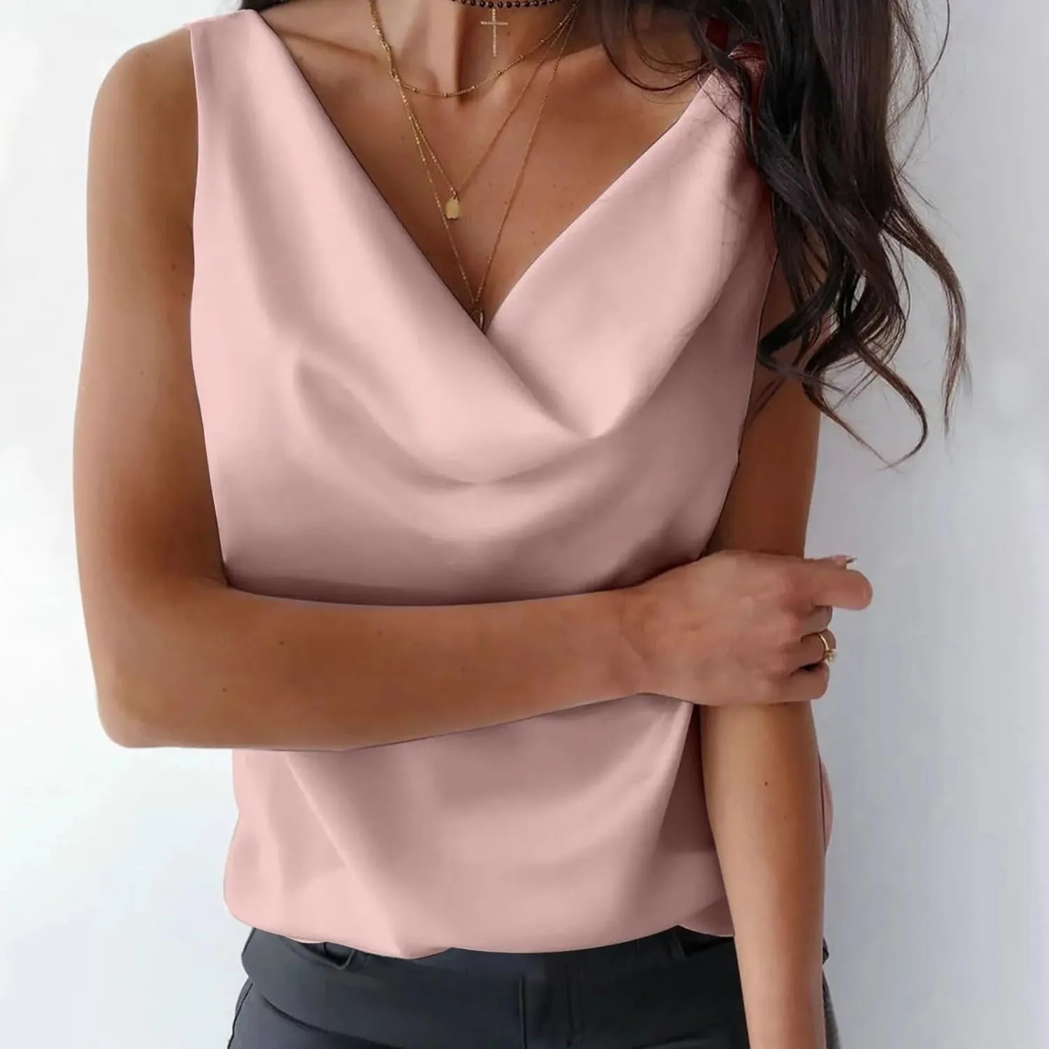 Women's Plus Size Silk Satin T-Shirt Vest Casual Sleeveless Round Neck Camisole Shirt