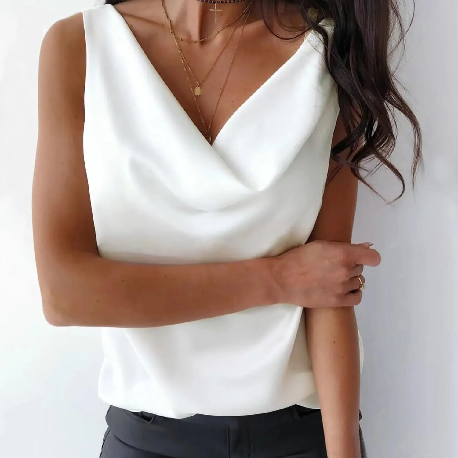 Women's Plus Size Silk Satin T-Shirt Vest Casual Sleeveless Round Neck Camisole Shirt