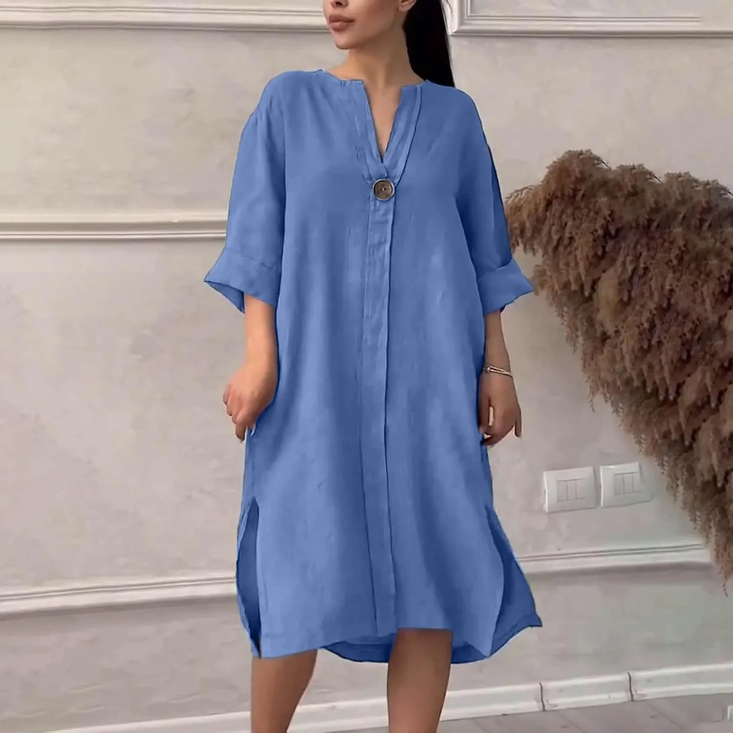Womens Plus Size Summer Dress Cotton Linen Trendy 3/4 Sleeve Dresses Casual Loose Side Split V Neck Midi Shirt Dress