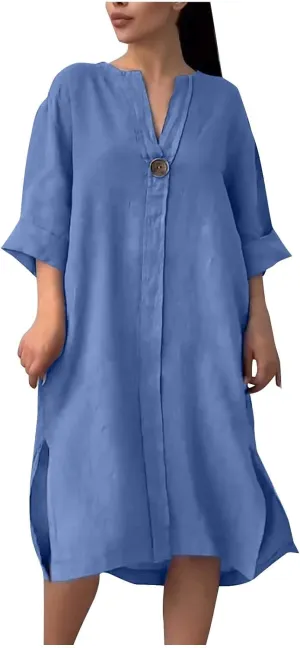 Womens Plus Size Summer Dress Cotton Linen Trendy 3/4 Sleeve Dresses Casual Loose Side Split V Neck Midi Shirt Dress