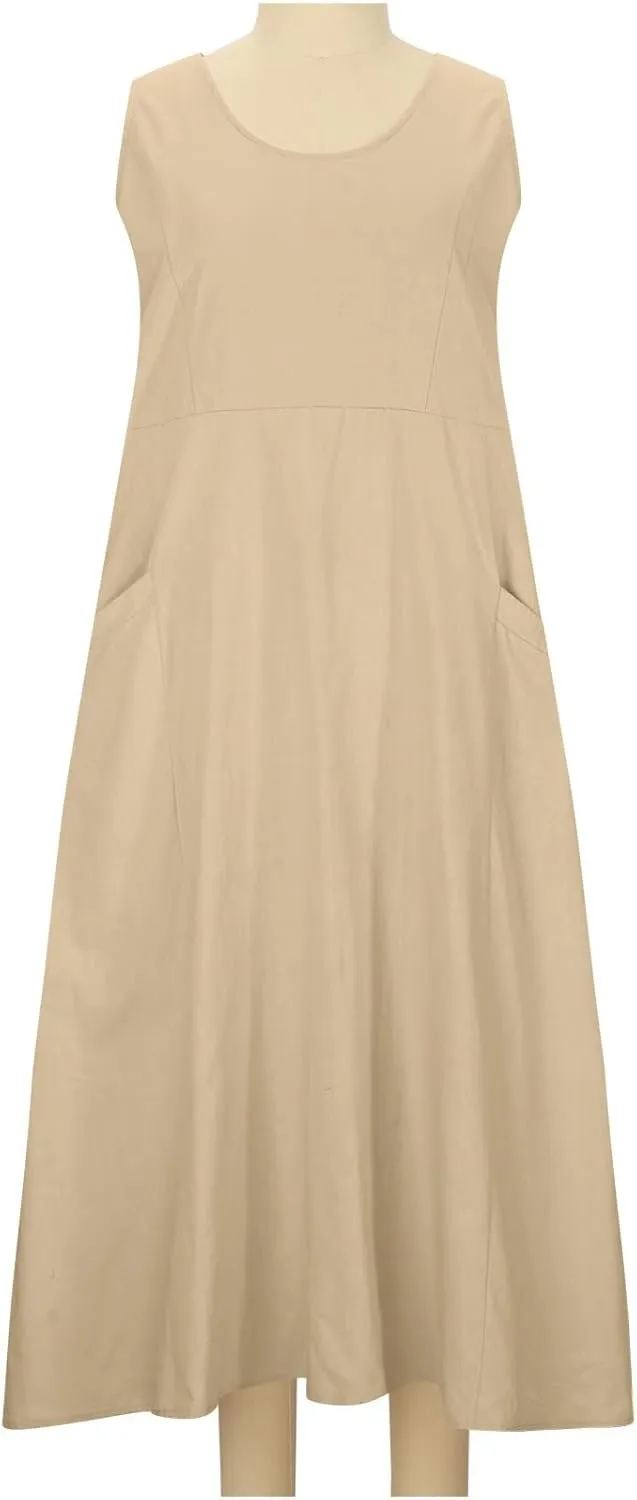 Womens Plus Size Summer Sleeveless Cotten Linen Tank Dress Loose Flowy Midi Long Beach Dresses with Pockets