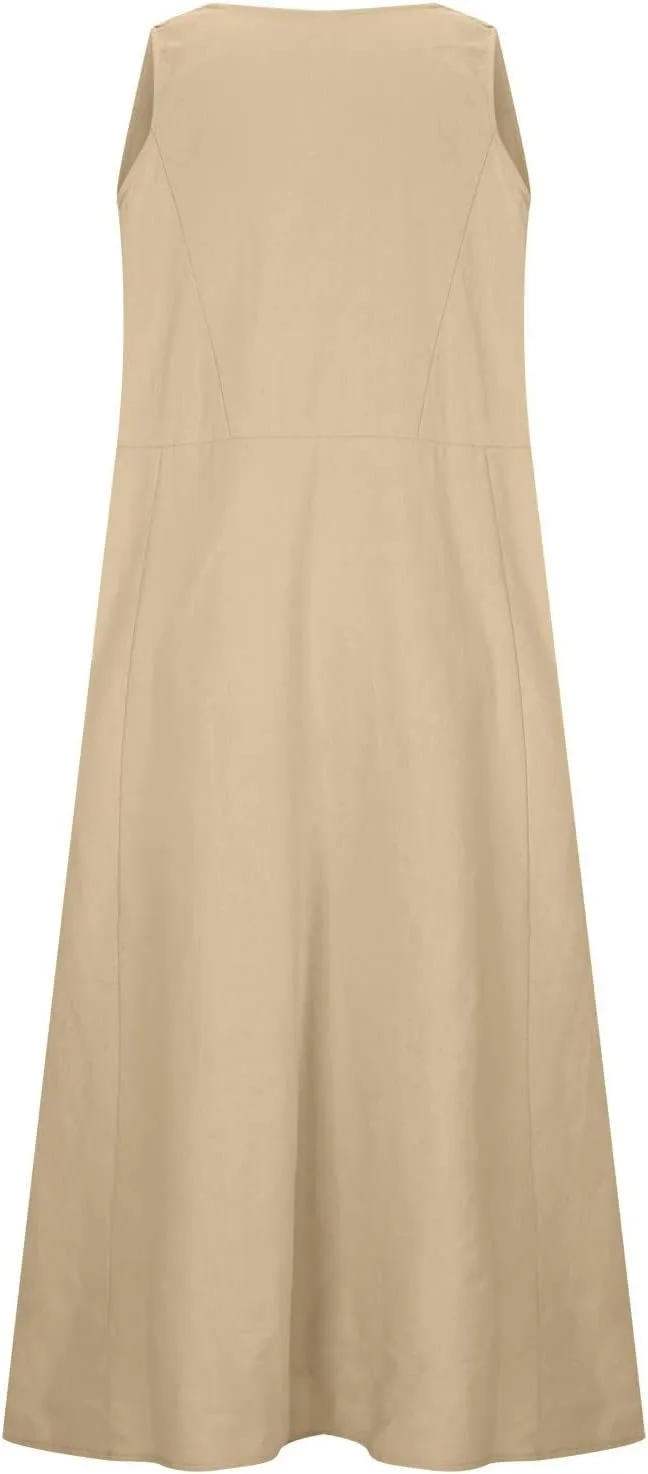 Womens Plus Size Summer Sleeveless Cotten Linen Tank Dress Loose Flowy Midi Long Beach Dresses with Pockets