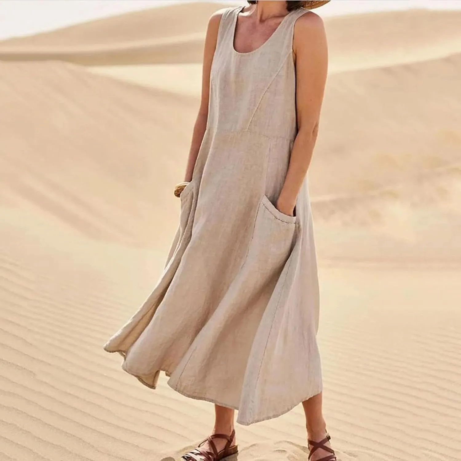 Womens Plus Size Summer Sleeveless Cotten Linen Tank Dress Loose Flowy Midi Long Beach Dresses with Pockets