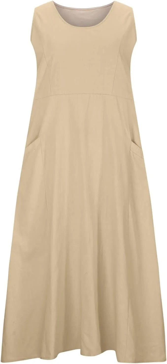 Womens Plus Size Summer Sleeveless Cotten Linen Tank Dress Loose Flowy Midi Long Beach Dresses with Pockets