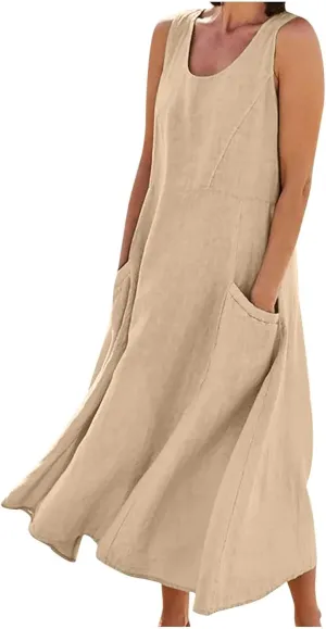 Womens Plus Size Summer Sleeveless Cotten Linen Tank Dress Loose Flowy Midi Long Beach Dresses with Pockets
