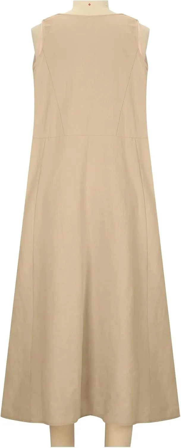 Womens Plus Size Summer Sleeveless Cotten Linen Tank Dress Loose Flowy Midi Long Beach Dresses with Pockets