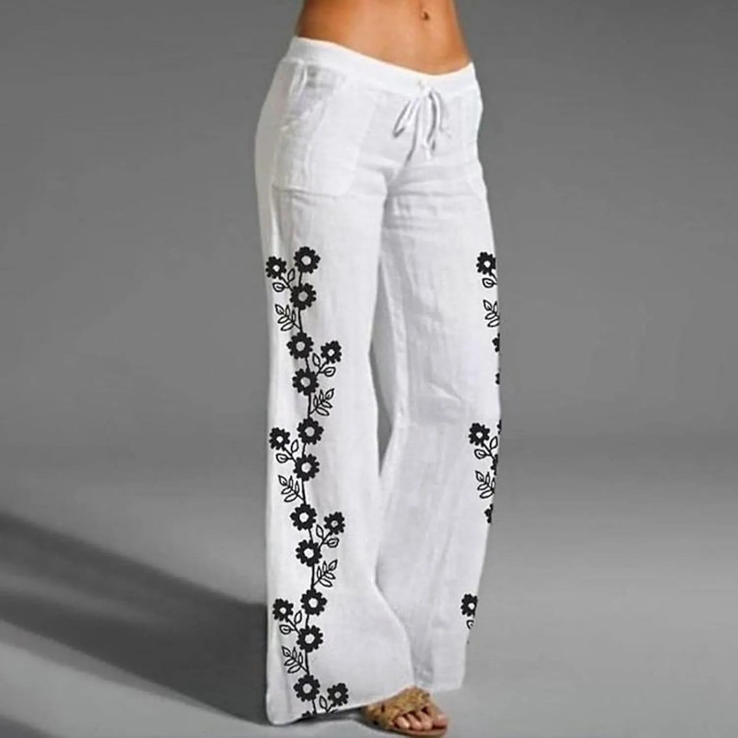 Women's Print Wide Leg Pants Elastic High Waist Palazzo Pants Linen Lounge Casual Trousers Summer Boho Beach