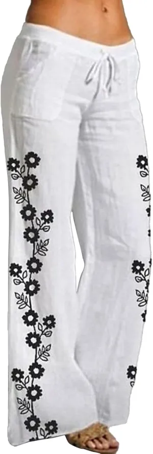 Women's Print Wide Leg Pants Elastic High Waist Palazzo Pants Linen Lounge Casual Trousers Summer Boho Beach