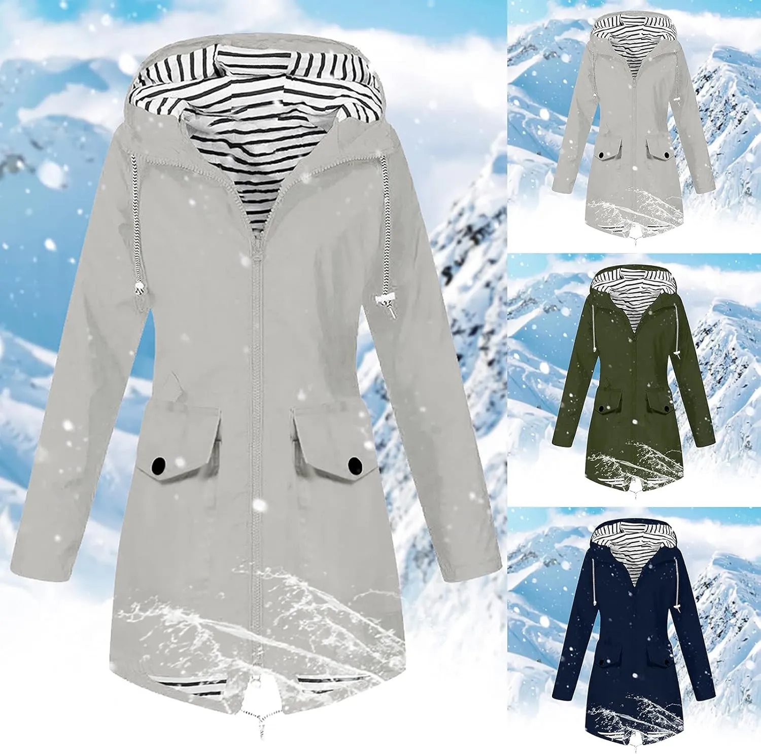 Womens Rain Jacket Waterproof Long Hooded Rain Coats Lightweight Outdoor Windbreaker Button Zip Up Travel Trench Coat