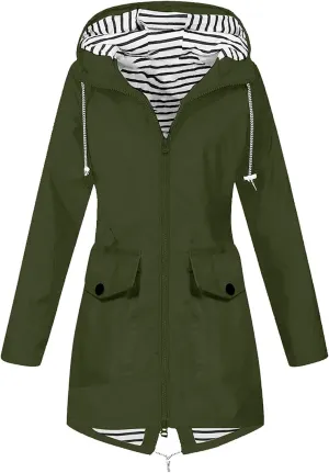 Womens Rain Jacket Waterproof Long Hooded Rain Coats Lightweight Outdoor Windbreaker Button Zip Up Travel Trench Coat