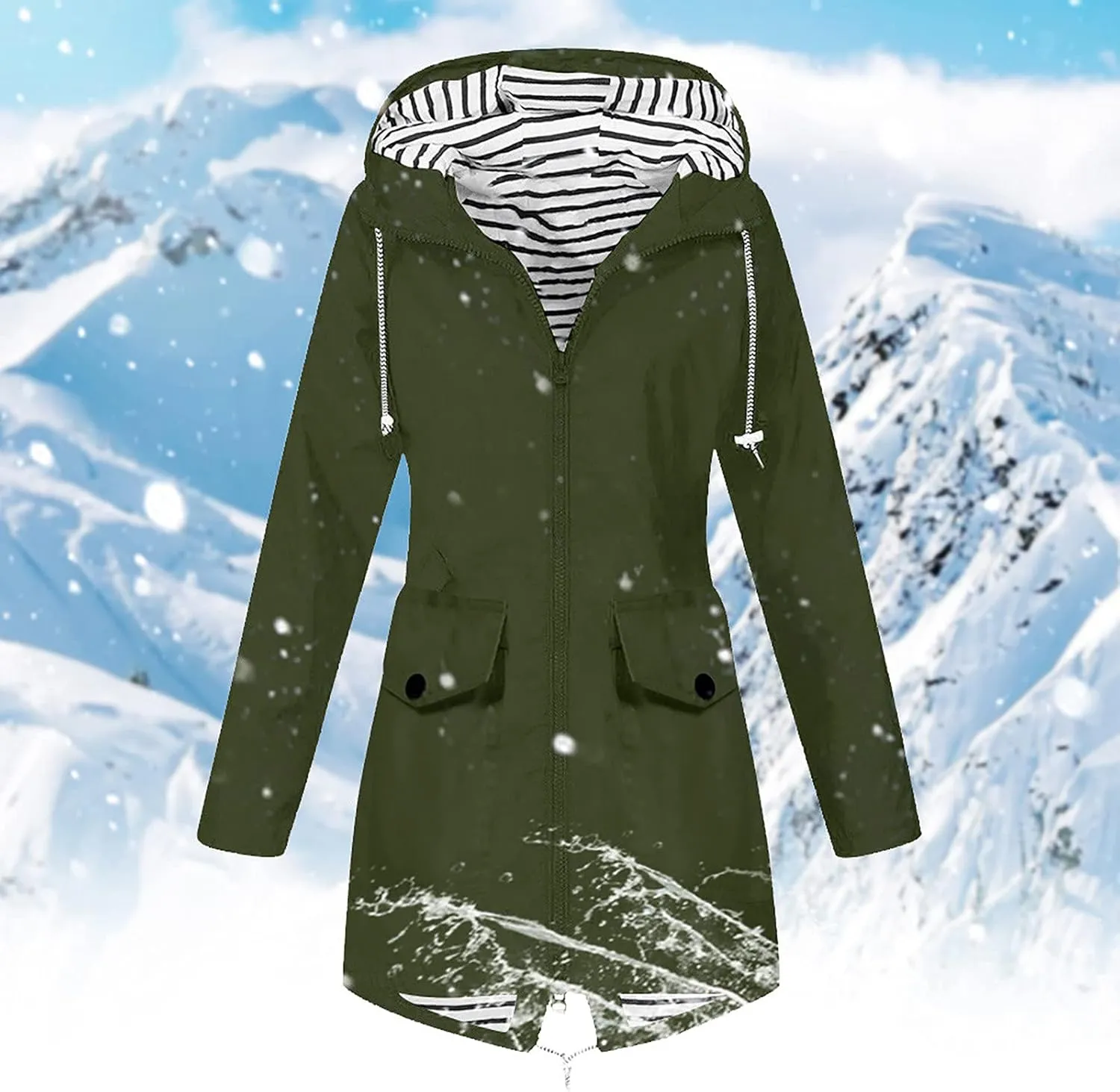 Womens Rain Jacket Waterproof Long Hooded Rain Coats Lightweight Outdoor Windbreaker Button Zip Up Travel Trench Coat