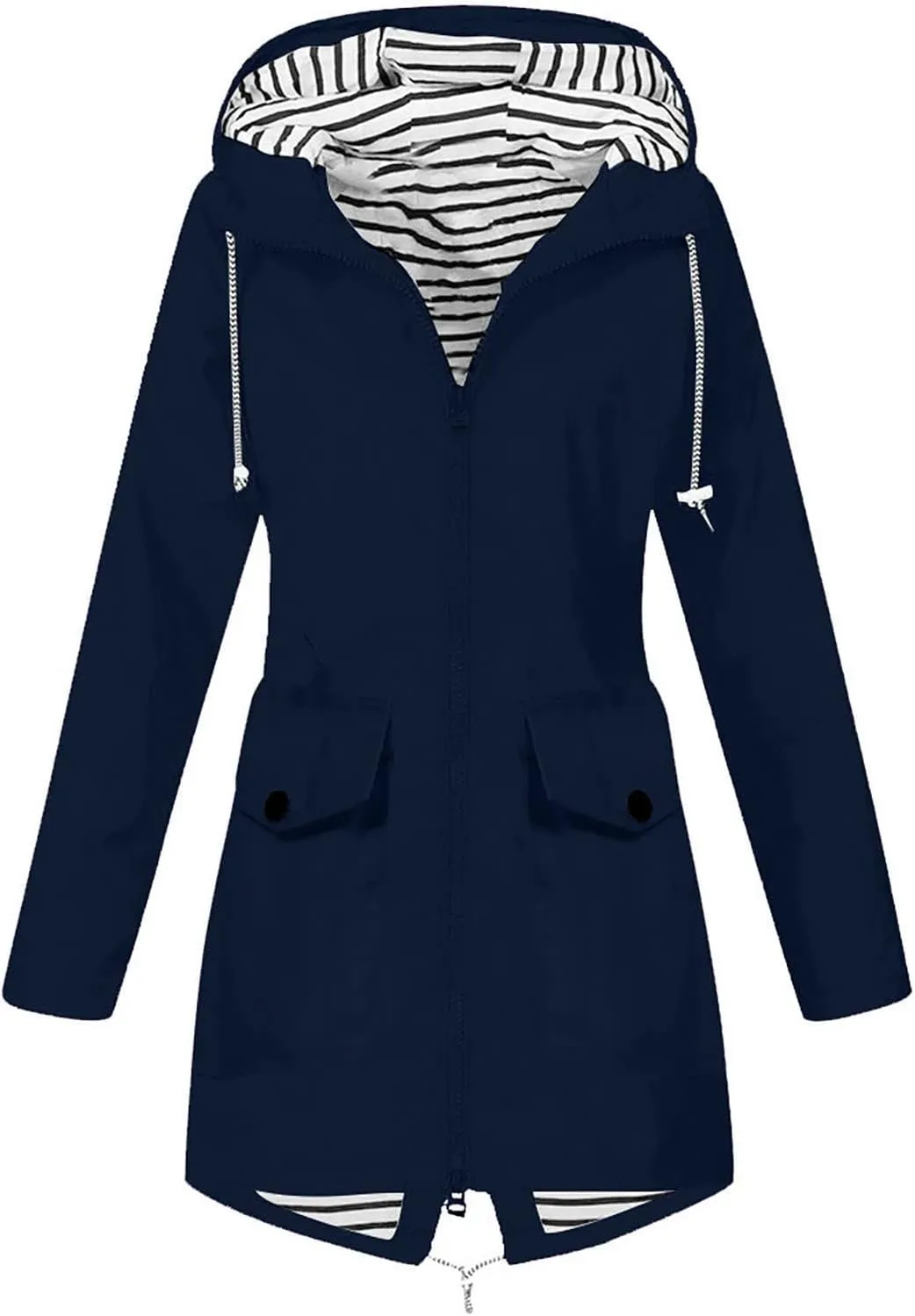 Womens Rain Jacket Waterproof Long Hooded Rain Coats Lightweight Outdoor Windbreaker Button Zip Up Travel Trench Coat