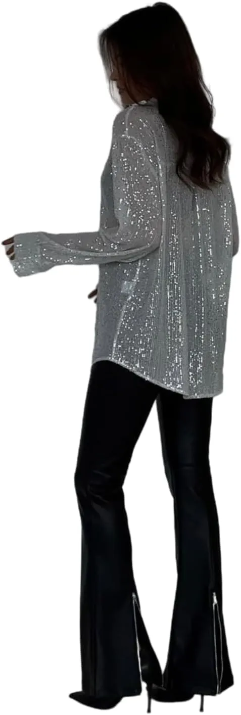 Womens Sequins Long Sleeve Collared Shirt Button Down Open Front Shirt Loose Blouses Shirts Tops