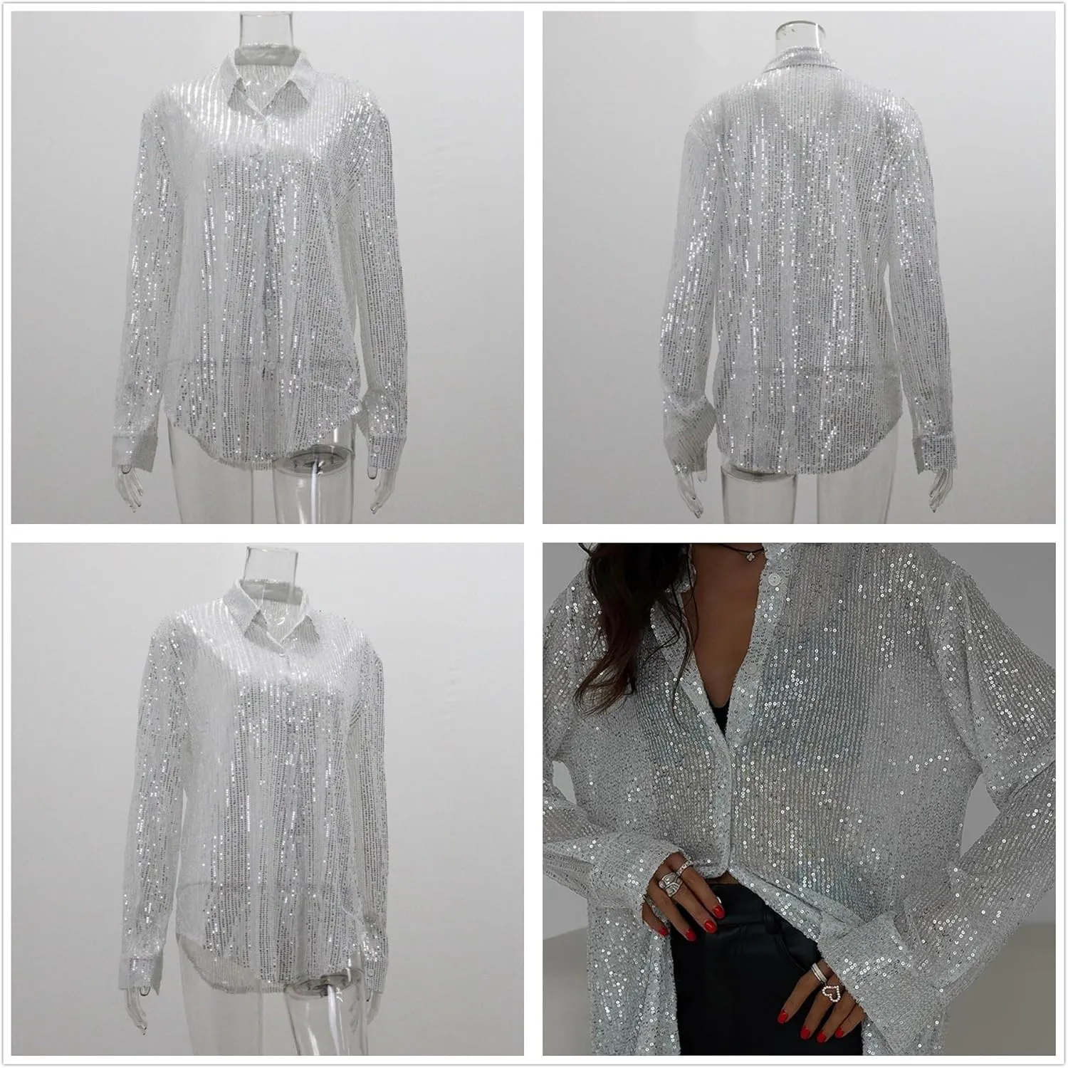 Womens Sequins Long Sleeve Collared Shirt Button Down Open Front Shirt Loose Blouses Shirts Tops