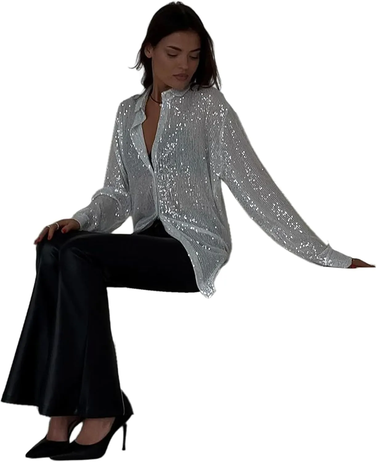 Womens Sequins Long Sleeve Collared Shirt Button Down Open Front Shirt Loose Blouses Shirts Tops
