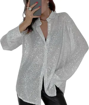 Womens Sequins Long Sleeve Collared Shirt Button Down Open Front Shirt Loose Blouses Shirts Tops