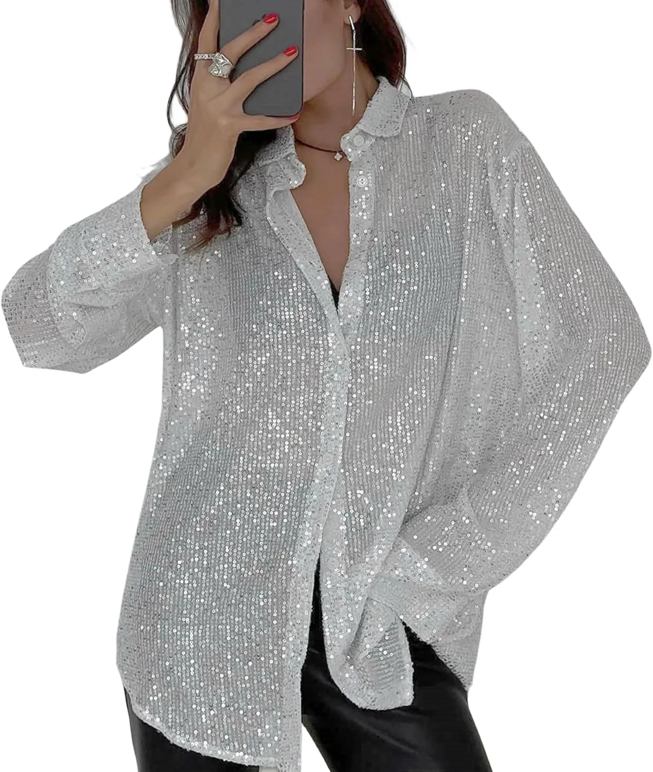 Womens Sequins Long Sleeve Collared Shirt Button Down Open Front Shirt Loose Blouses Shirts Tops