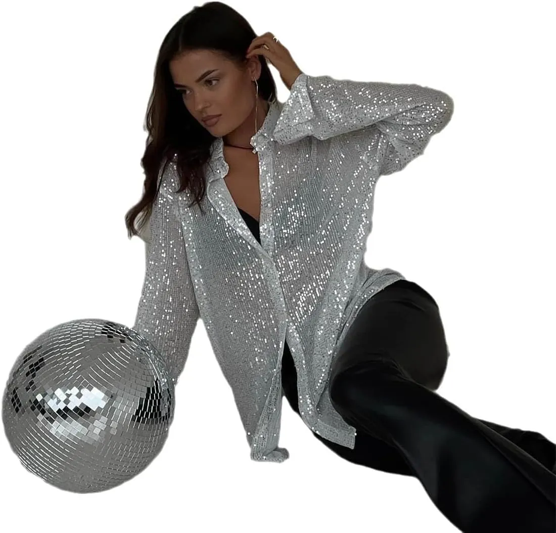 Womens Sequins Long Sleeve Collared Shirt Button Down Open Front Shirt Loose Blouses Shirts Tops