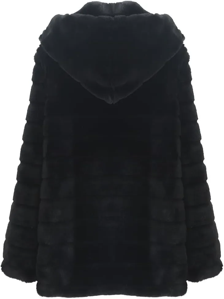 Womens Shaggy Winter Coat Long Faux Fur Trench Coat with Hood Open Front Faux Mink Cardigan Plus Size Winter Jackets