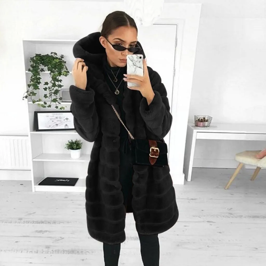 Womens Shaggy Winter Coat Long Faux Fur Trench Coat with Hood Open Front Faux Mink Cardigan Plus Size Winter Jackets