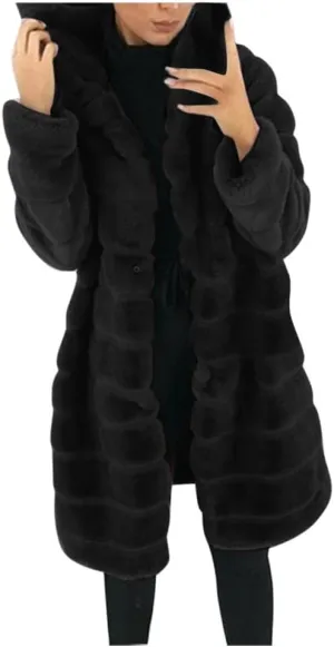 Womens Shaggy Winter Coat Long Faux Fur Trench Coat with Hood Open Front Faux Mink Cardigan Plus Size Winter Jackets