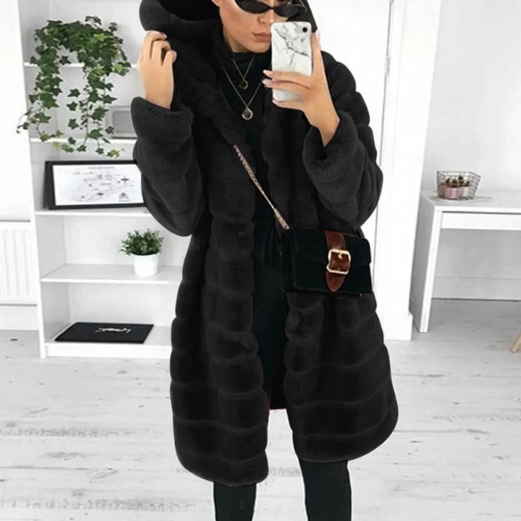 Womens Shaggy Winter Coat Long Faux Fur Trench Coat with Hood Open Front Faux Mink Cardigan Plus Size Winter Jackets