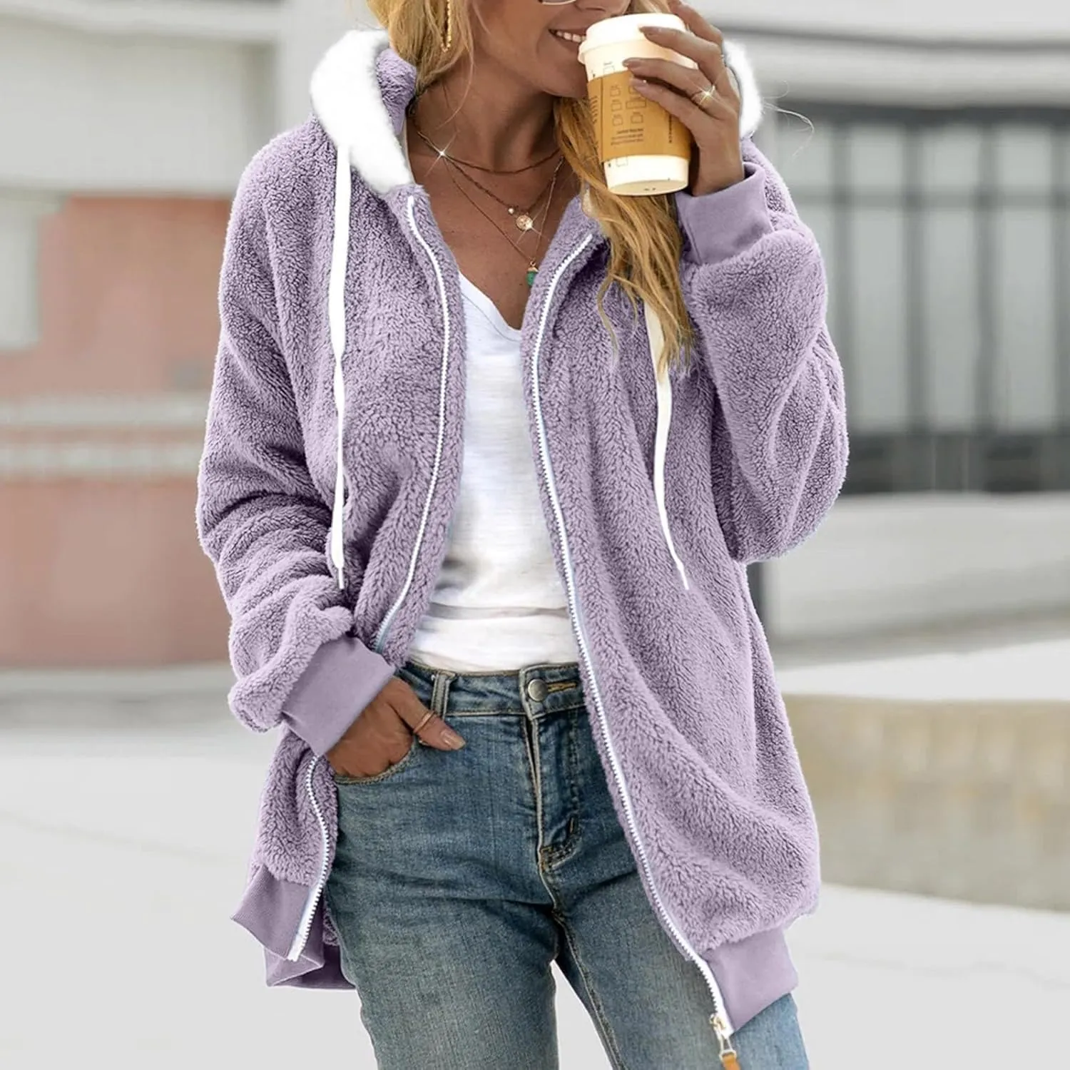 Women's Sherpa Lined Coat Long Sleeve Fleece Line Parka Thicken Thermal Women Fleece Jacket Comfy Hooded Oversized