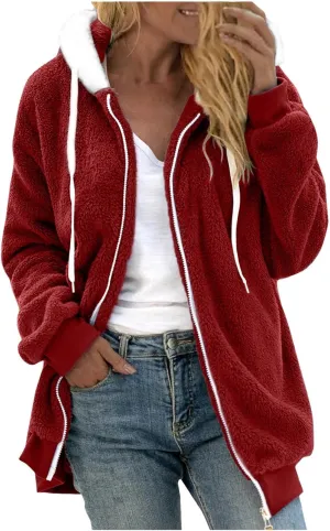 Women's Sherpa Lined Coat Long Sleeve Fleece Line Parka Thicken Thermal Women Fleece Jacket Comfy Hooded Oversized