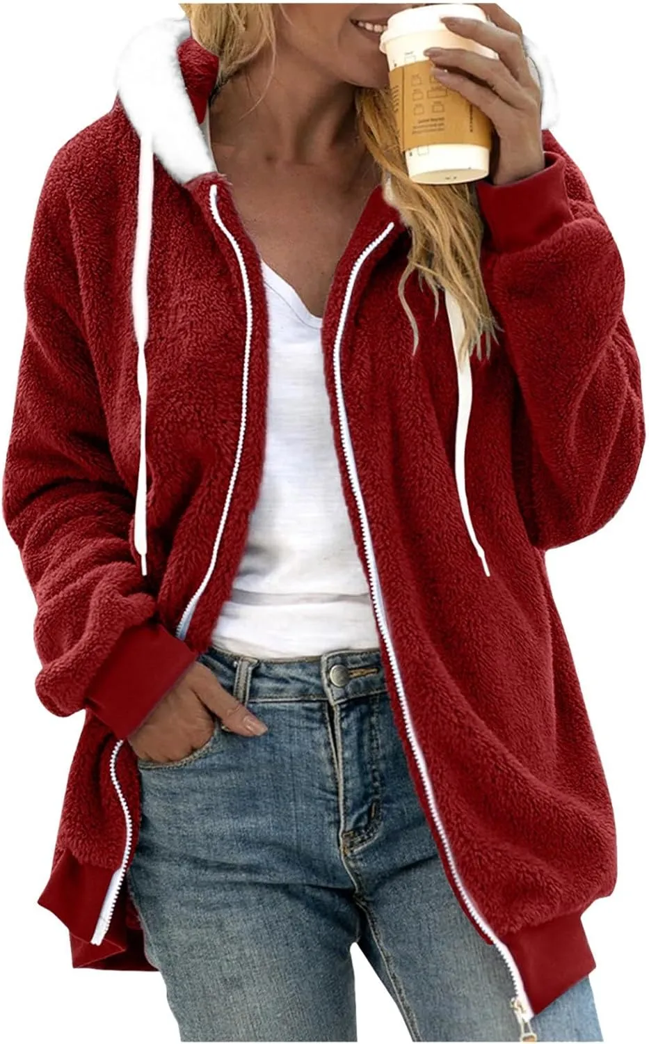 Women's Sherpa Lined Coat Long Sleeve Fleece Line Parka Thicken Thermal Women Fleece Jacket Comfy Hooded Oversized