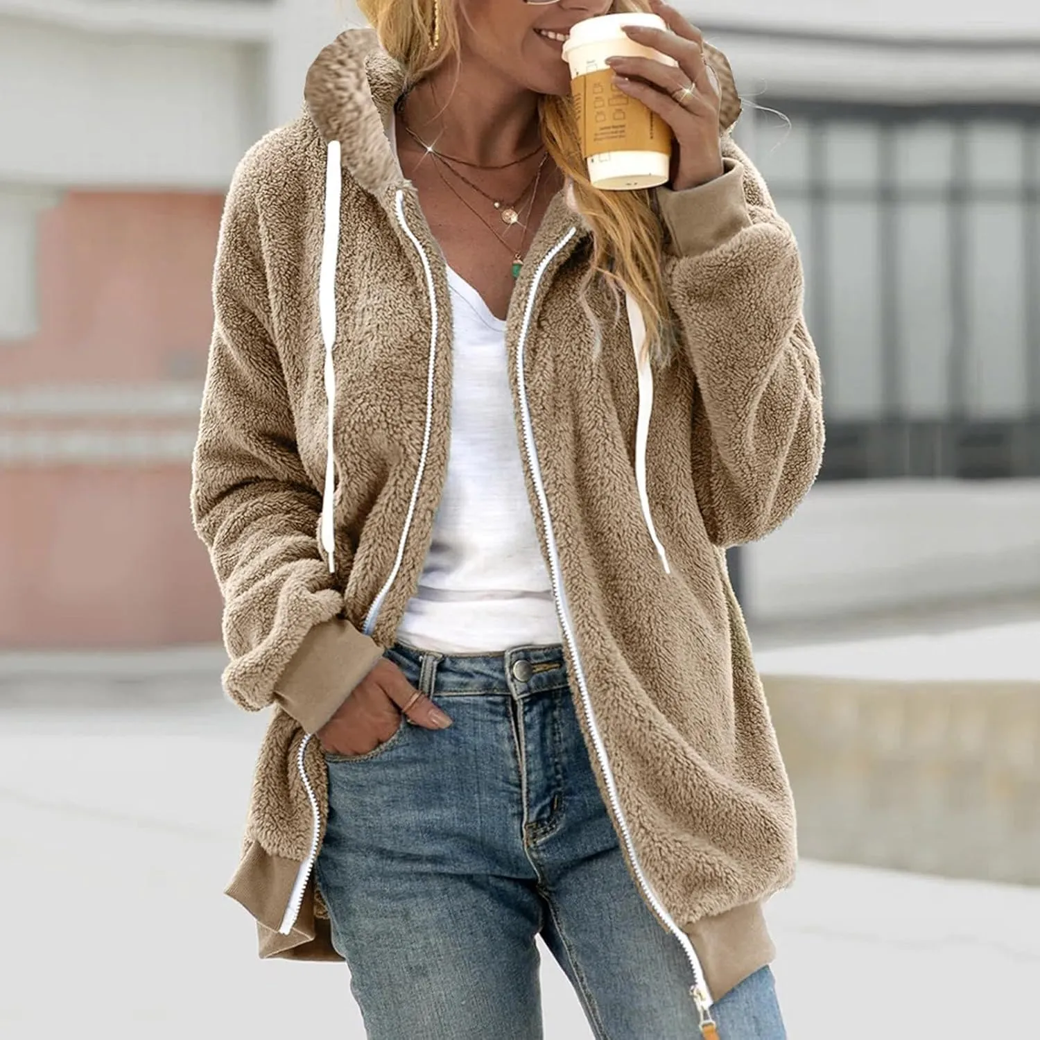 Women's Sherpa Lined Coat Long Sleeve Fleece Line Parka Thicken Thermal Women Fleece Jacket Comfy Hooded Oversized