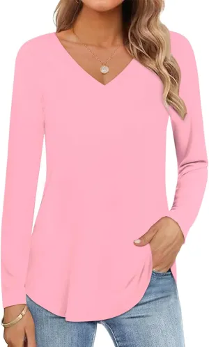 Womens Shirt Long Sleeve V Neck T-Shirt Cotton Tops Basic Tees