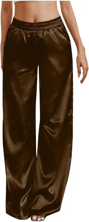 Women's Solid Casual Pants Trendy Straight Leg Elastic High Waist Palazzo Pants Loose Fit Trousers with Pockets