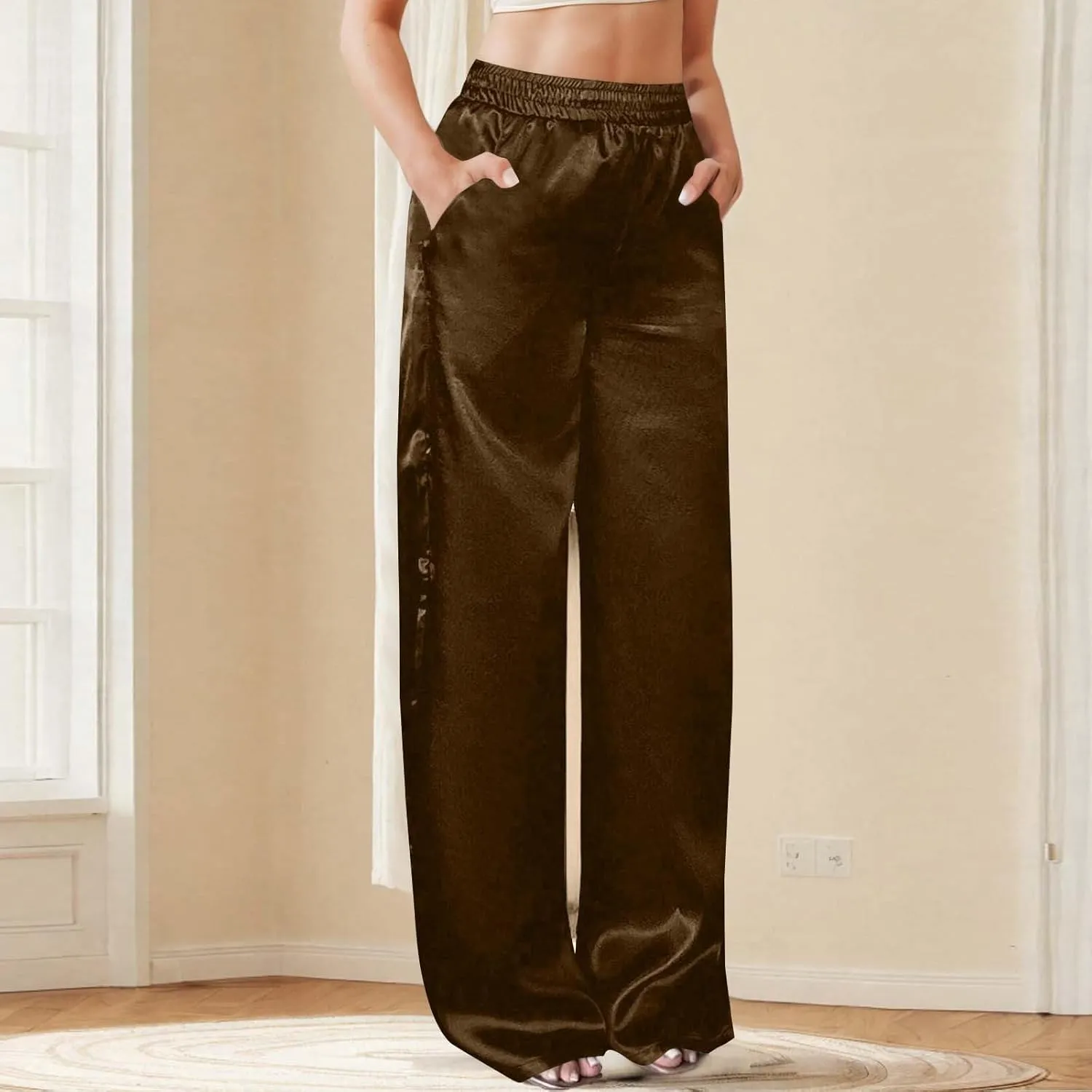 Women's Solid Casual Pants Trendy Straight Leg Elastic High Waist Palazzo Pants Loose Fit Trousers with Pockets